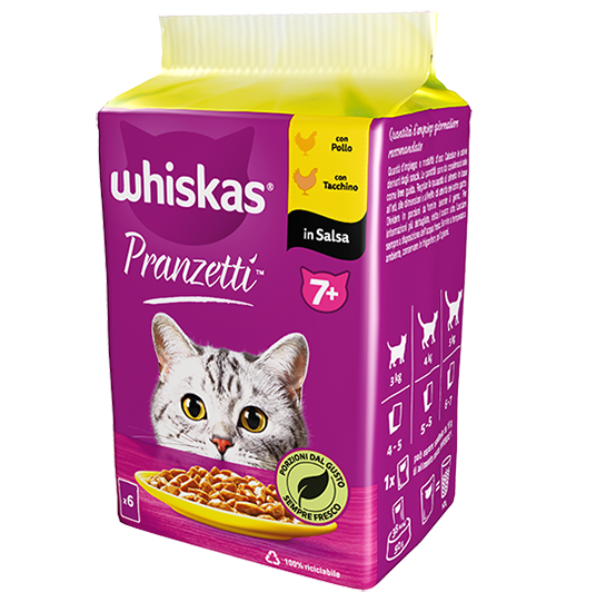 Alimento umido Whiskas Pranzetti Carni Bianche Senior 6x50 g per gatti anziani in salsa con pollo e tacchino Alimento umido Whiskas Pranzetti Carni Bianche Senior 6x50 g per gatti anziani in salsa con pollo e tacchino